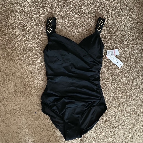NEW Jantzen Women's Draped Solids Surplice 1-pc Swimsuit Black Size 10 M Modest - Picture 2 of 16